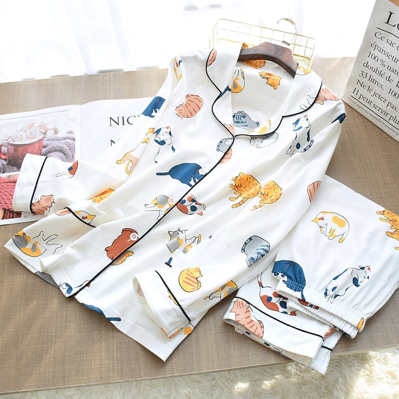 100% Cotton Pajamas For Women Cute Cat Print Cartoon Home Clothes 2Pcs Set Sleepwear Female Tops+Pants Nighties Pijama Suit