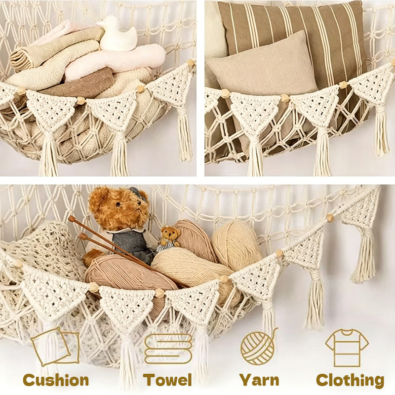 Space-Saving Toy Hammock, Decorative Woven Net to Organize Giant Stuffed Animals in Bedroom