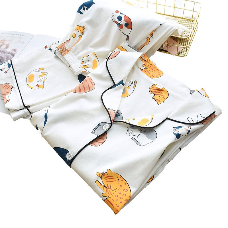 100% Cotton Pajamas For Women Cute Cat Print Cartoon Home Clothes 2Pcs Set Sleepwear Female Tops+Pants Nighties Pijama Suit
