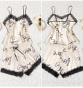 European and American Style Love Heart Print Pajamas for Women Summer Lace Splicing Set
