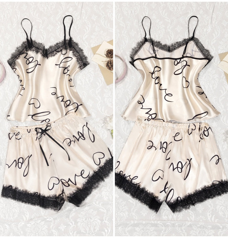 European and American Style Love Heart Print Pajamas for Women Summer Lace Splicing Set