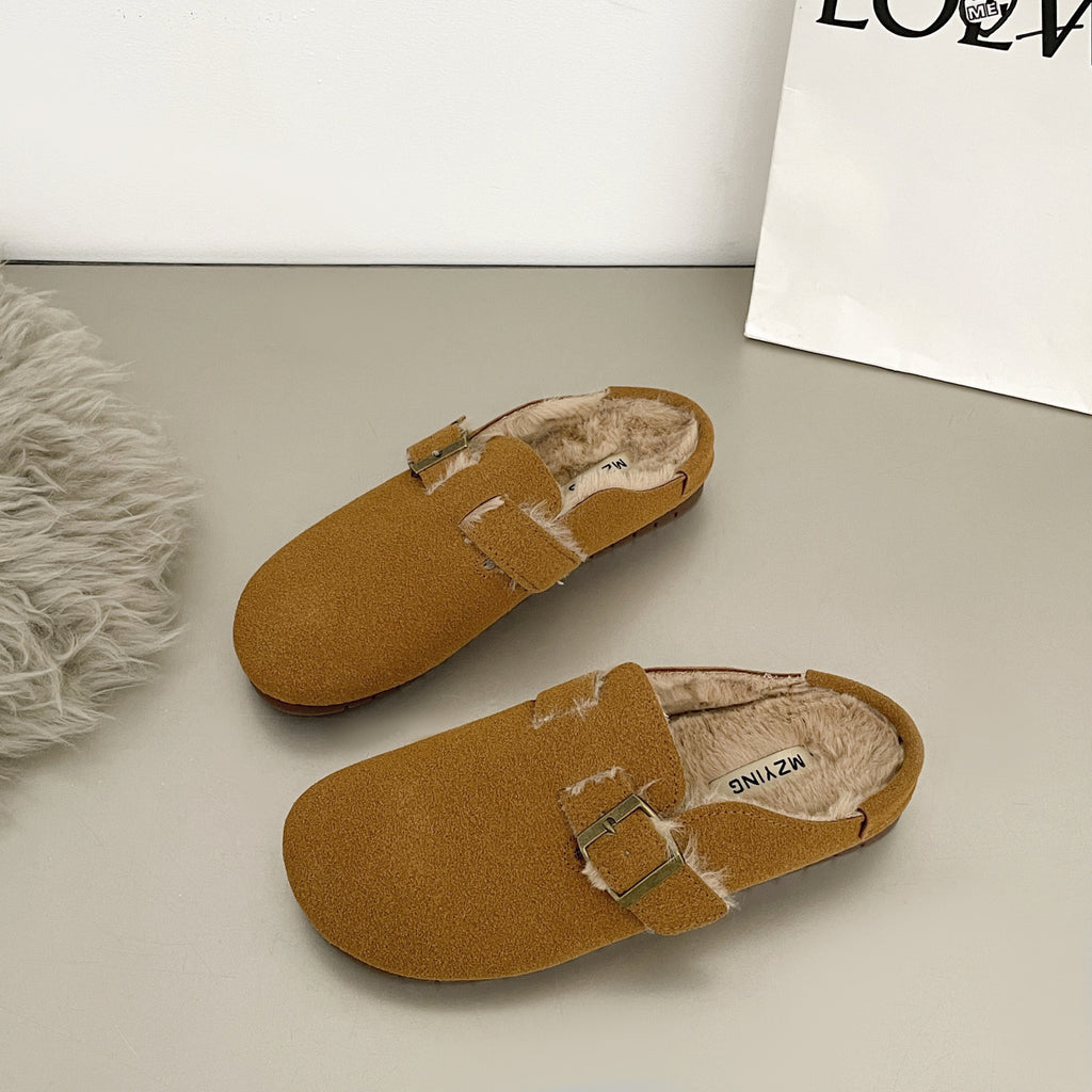 In stock closed toe ladies plush indoor slippers fur lovers flat mules furry cork house slippers for women