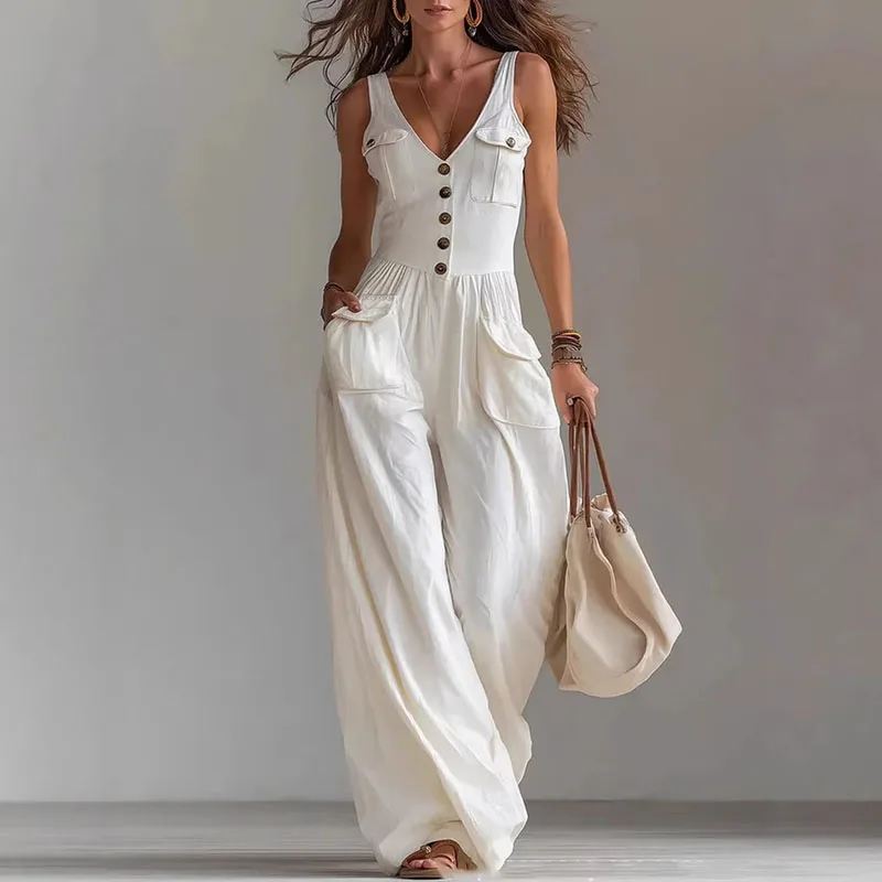 Pocket V-neck button vest jumpsuit for women
