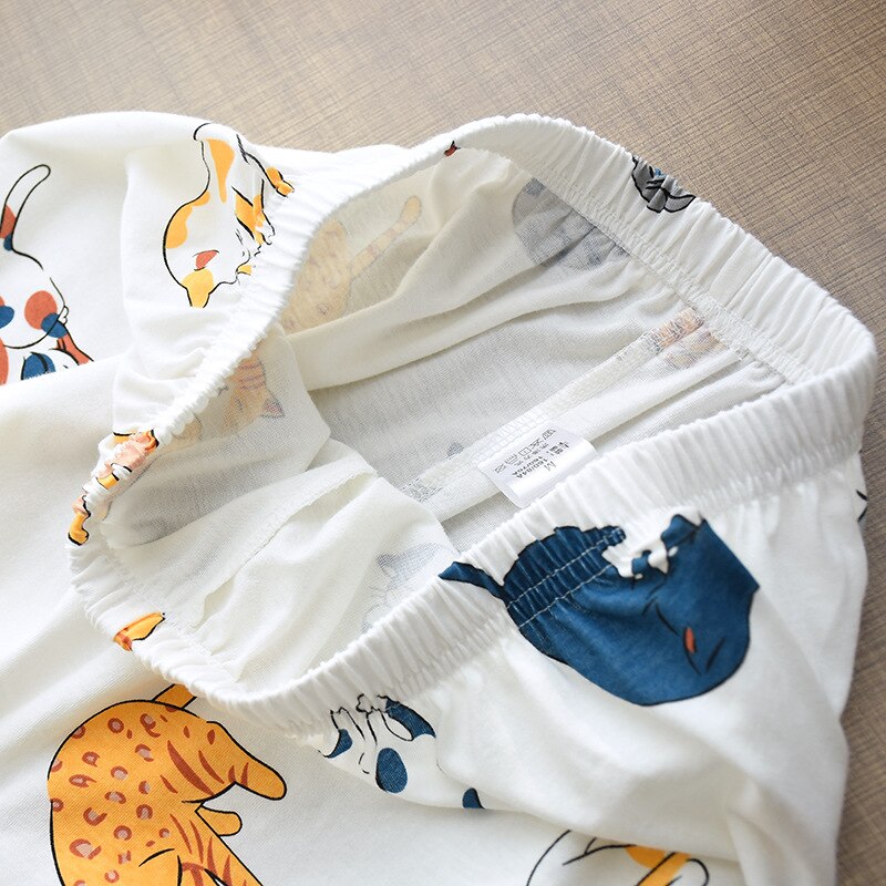100% Cotton Pajamas For Women Cute Cat Print Cartoon Home Clothes 2Pcs Set Sleepwear Female Tops+Pants Nighties Pijama Suit