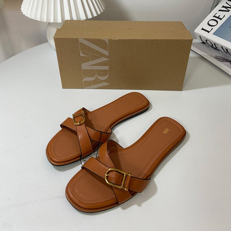 Fashionable and versatile color-blocked cross-strap slippers French pumps for women
