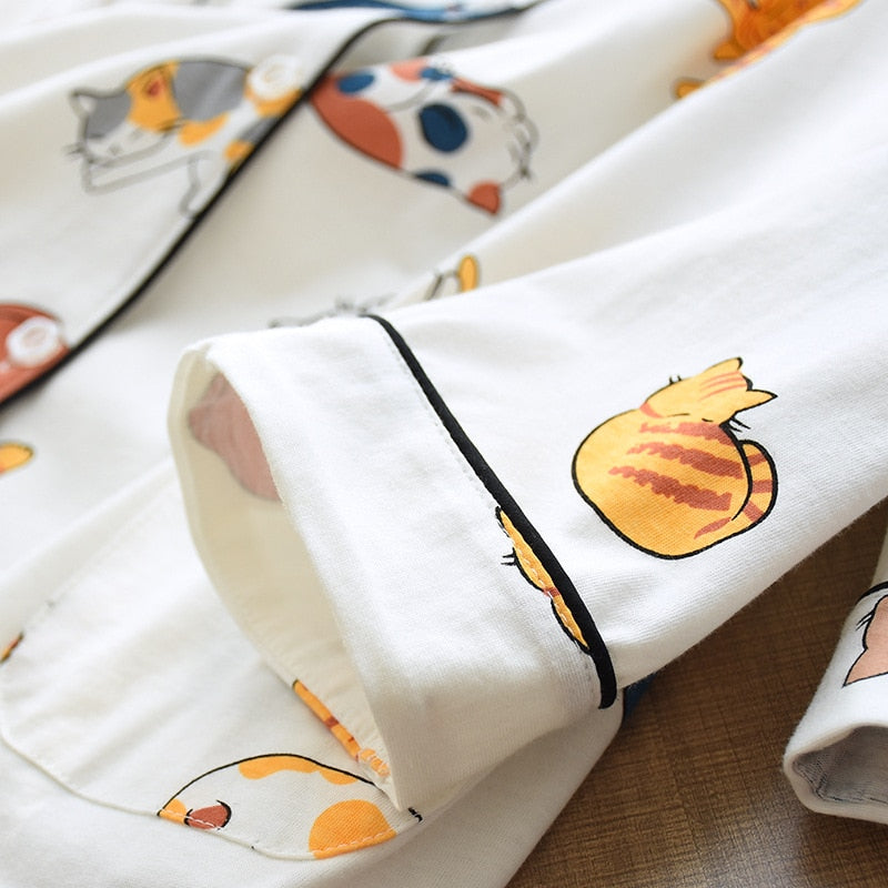 100% Cotton Pajamas For Women Cute Cat Print Cartoon Home Clothes 2Pcs Set Sleepwear Female Tops+Pants Nighties Pijama Suit
