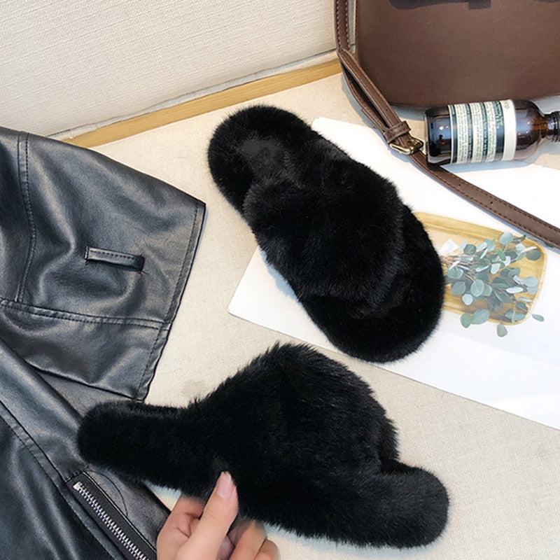 Winter House Women Fur Slippers Fashion Cross Band Warm Plush Ladies Plush Shoes Cozy Open Toe Indoor Fuzzy Slides For Girls