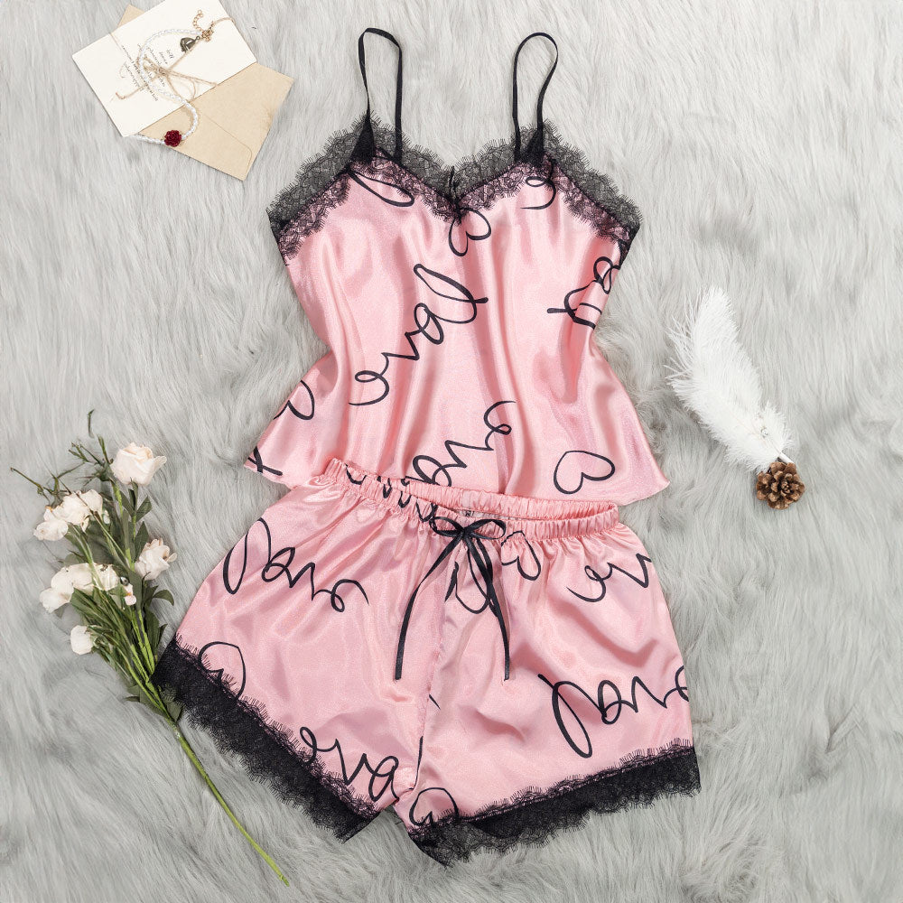 European and American Style Love Heart Print Pajamas for Women Summer Lace Splicing Set