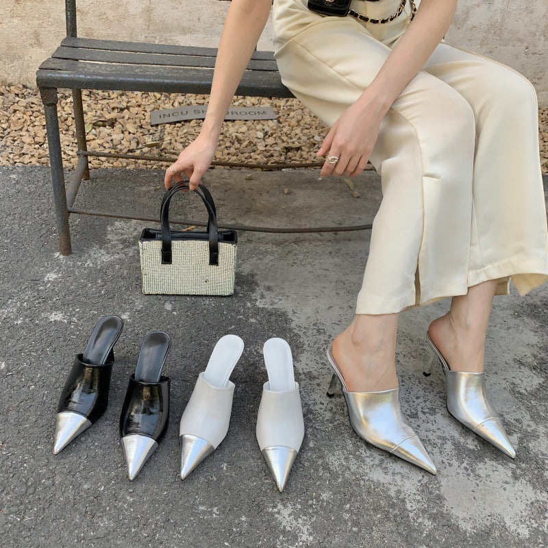 Fashion Silver Women Slippers Thin Low Heels Pointed Toe Design Slip On Summer Mules Slides Shoes