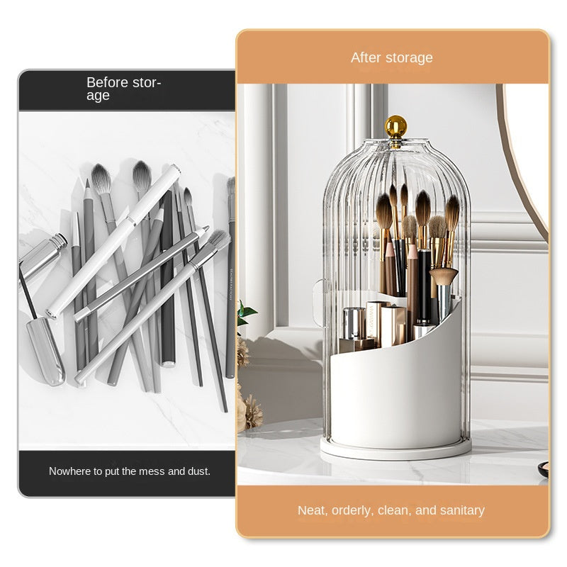 Rotating Makeup Brush Holder, Lipstick Organizer, Dust-Proof Compartmentalized Desktop Cosmetic Storage Box