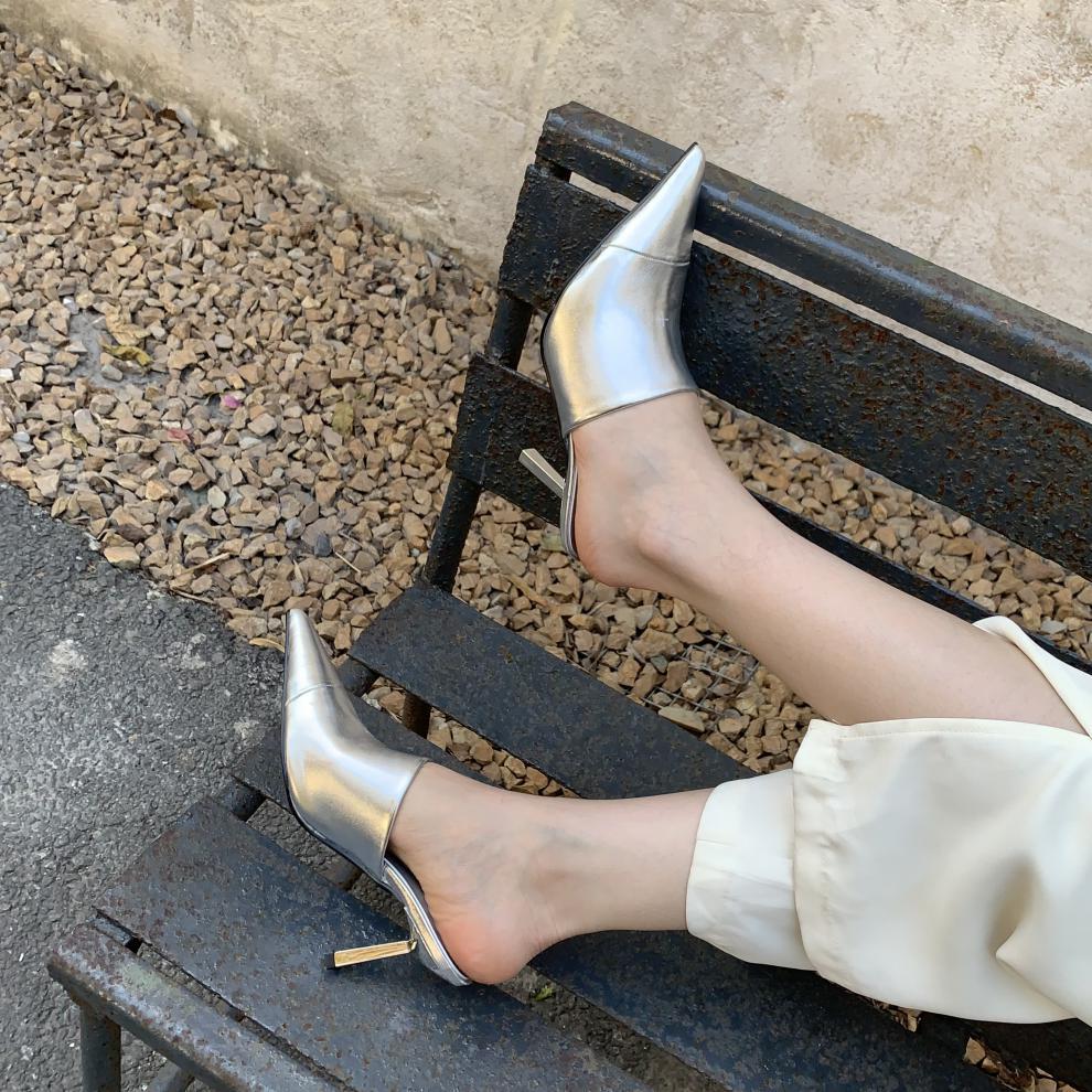 Fashion Silver Women Slippers Thin Low Heels Pointed Toe Design Slip On Summer Mules Slides Shoes