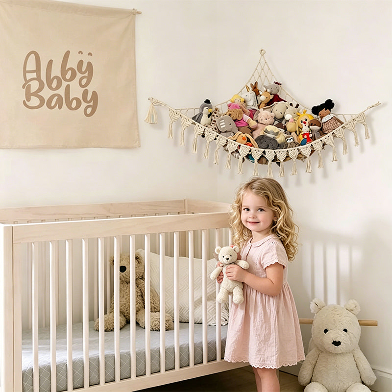 Space-Saving Toy Hammock, Decorative Woven Net to Organize Giant Stuffed Animals in Bedroom