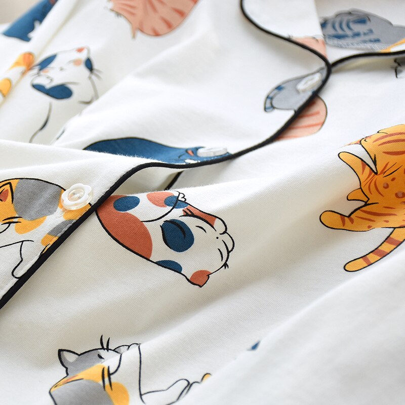 100% Cotton Pajamas For Women Cute Cat Print Cartoon Home Clothes 2Pcs Set Sleepwear Female Tops+Pants Nighties Pijama Suit